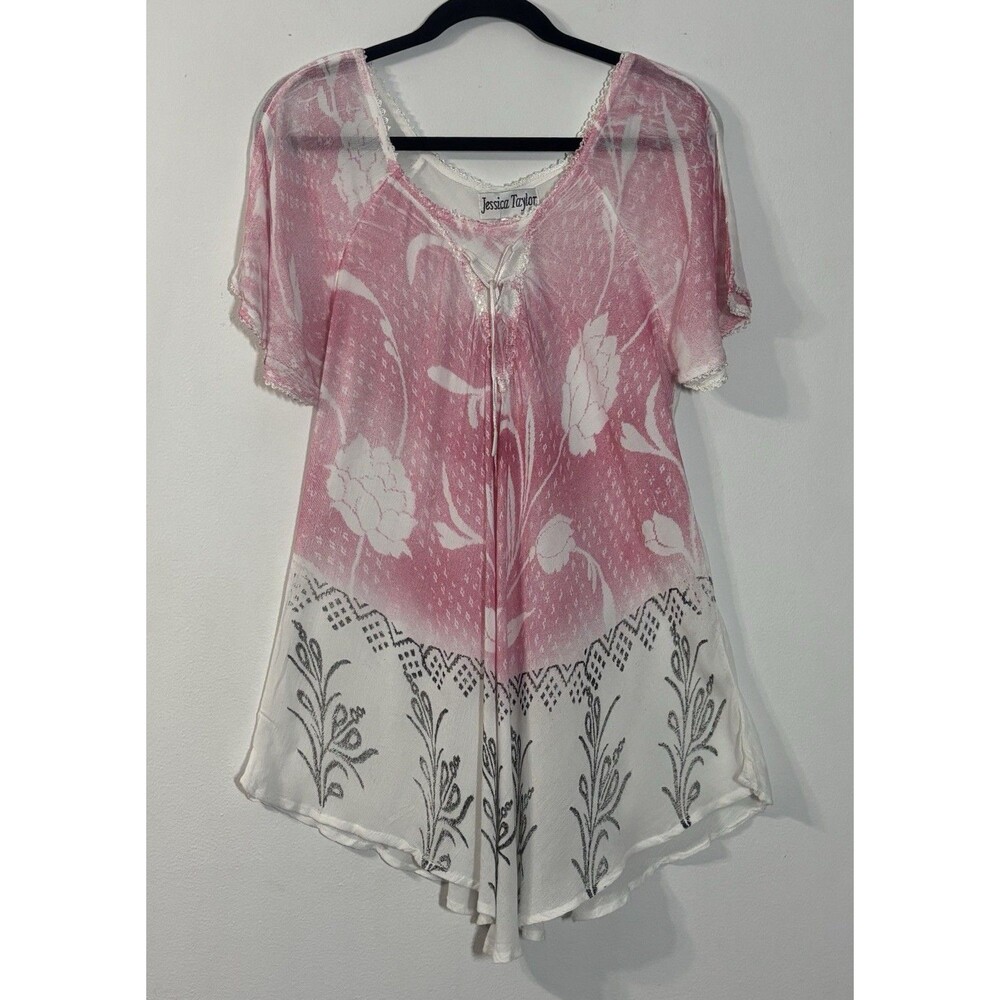 Jessica Taylor NWT Boho Floral Batik Tunic Top Sheer Gauze Lace Trim O/S Pink